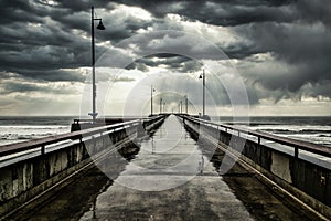 Pier covered in water on the sea under a cloudy sky in the evening - perfect for backgrounds