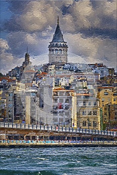 Pier Eminonu, Bosphorus, view of the Karakoy district, Galata tower and Galata bridge. Earlier morning, fishermen catch