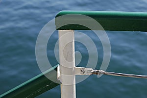 Pier hand rail with blue sea on the back