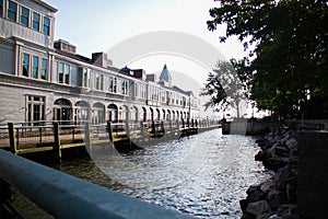 Pier A Harbor House and the river in perspective view, New York