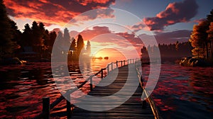 A pier on lake with a sunset