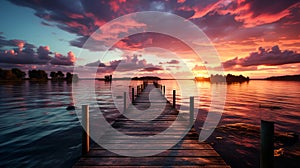 A pier on lake with a sunset