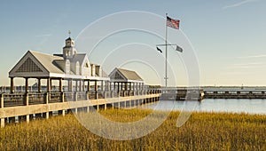 Pier long wharf with custom house dock in marsh grass