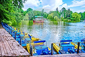 The pier with moored catamarans, Upper Lake in Sofiyivka Park, Uman, Ukraine