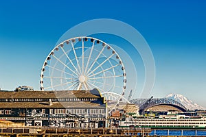 Pier 57 and Mount Ranier in Seattle