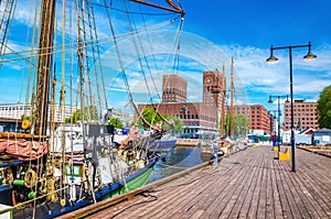 Pier Oslo Fjord with sailing ship, Norway