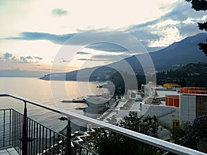 Pier overlooking the sea and mountains