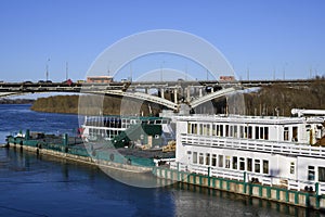 A pier with pleasure boats on the Oka River in Nizhny Novgorod in the spring