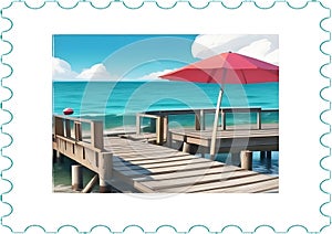 A pier with a red umbrella and a blue ocean (custom postage stamp)