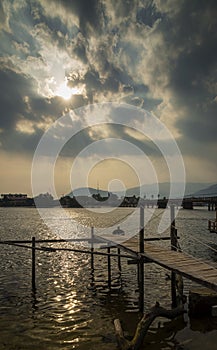 Pier and river view at sunset in kampot town cambodia