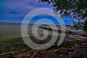 Pier and rocky shore of lake Michigan near sheboygan WI