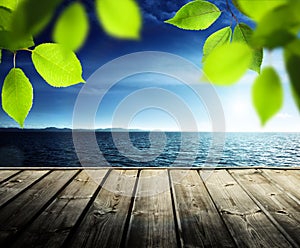 Pier, sea and leaves