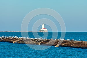 Pier with Seagulls on Lake Michigan in Chicago with a Lighthouse far off in the distance