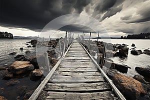 Pier solitude, Black and white portrayal of a serene fishing jetty scene