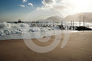 Pier in stormy seas, Nuweiba Egypt