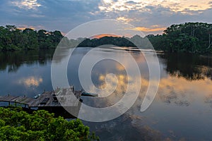 Pier at Sunrise, Amazon Rainforest Sunrise, Ecuador