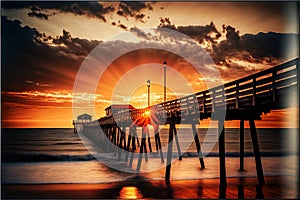 a pier with a sunset in the background and a pier in the foreground with a building in the distance