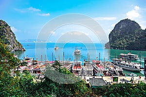 Pier surrounded by limestone karst of Ha Long Bay in Quang Ninh Province, northeast Vietnam