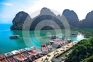 Pier surrounded by limestone karst of Ha Long Bay in Quang Ninh Province, northeast Vietnam