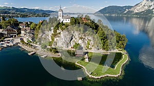 Pier at the Traunsee lake in Alps mountains, Upper Austria