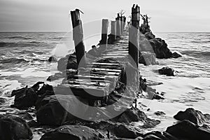 Pier of weathered old wooden planks withstands the ocean\'s surf, black and white