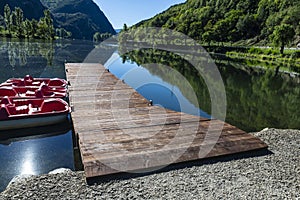 Pier and wooden walkway on a lake, Lleida, Catalonia, Spain photo