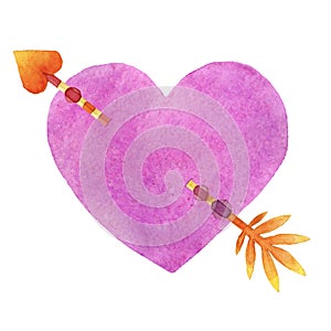 Pierced heart hand painted watercolor illustration. Love and romance.