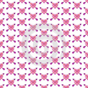 Pierced heart hand painted watercolor seamless pattern. Love and romance.