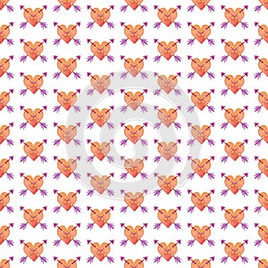 Pierced heart hand painted watercolor seamless pattern. Valentine's Day illustration