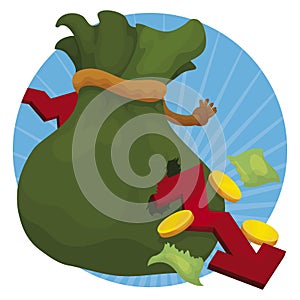 Pierced Money Bag by Arrow due Economic Crisis, Vector Illustration