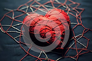 Pierced red heart with pins and needles. Heartbreak concept