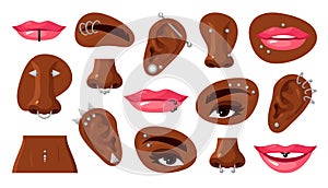 Piercing on dark skin woman face and body set vector flat illustration