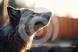 piercing eyes of a wolf howling during twilight