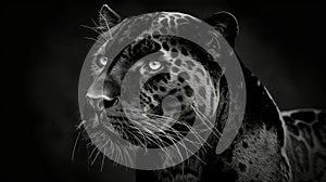Piercing gaze of a majestic black panther in the darkness, close up on its captivating eyes