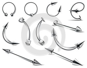 Piercing jewelery icon set. Body different metallic accessories. Beauty decoration, earrings. Modern curve, ball, cones