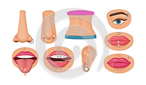 Piercings of different parts of human body set. Metallic steel rings and jewelry in nose, ear, eyebrow, lips, tongue and navel.