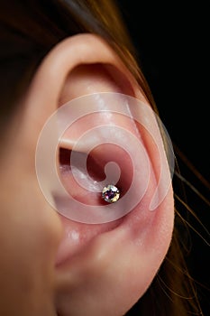 piercings on an ear. Conch and helix piercings close up.