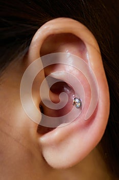 piercings on an ear. Conch and helix piercings close up.