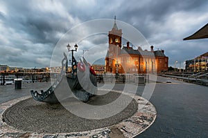 Pierhead in Cardiff, Wales and Cardiff Merchant Seaman`s Memorial