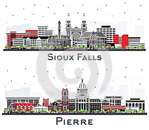 Pierre and Sioux Falls South Dakota City Skyline Set with Color Buildings