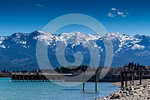 Piers at the edge of town on Flathead Lake, Polson, Montana, Uni