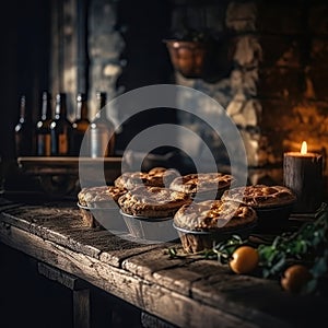 Pies On Stone In Rustic Pub. Generative AI