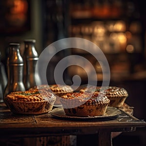 Pies On Stone In Rustic Pub. Generative AI