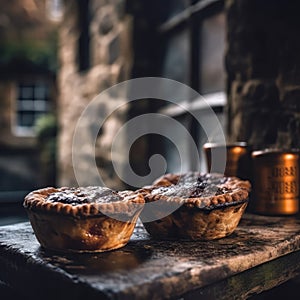 Pies On Stone In Rustic Pub. Generative AI