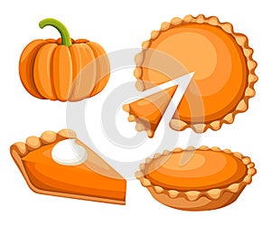 Pies Vector Illustration.Thanksgiving and Holiday Pumpkin Pie. Happy Thanksgiving Day traditional pumpkin pie with whipped cream o