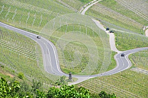 Piesport, Germany - 06 01 2021: winding main road in the vineyards of Mosel valley