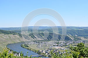 Piesport, Germany - 06 01 2021: wide Mosel valley near Piesport with rough forest mountains