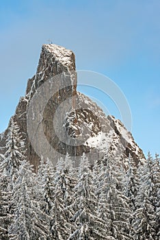 Pietrele Doamnei Majesty: Snow-Covered Forest and Rocks Against a Blue Sky