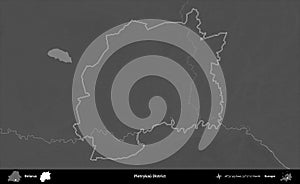 Pietrykau District outlined, Belarus. Grayscale