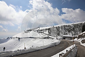 Pieve, TV, Italy - March 13, 2024: Military Memorial of Monte Grappa an ossuary of First World War in winter